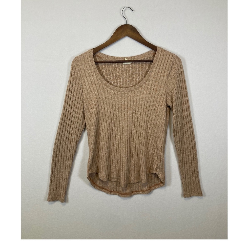White Crow Ribbed Long Sleeve Scoop Neck Top Tan XS